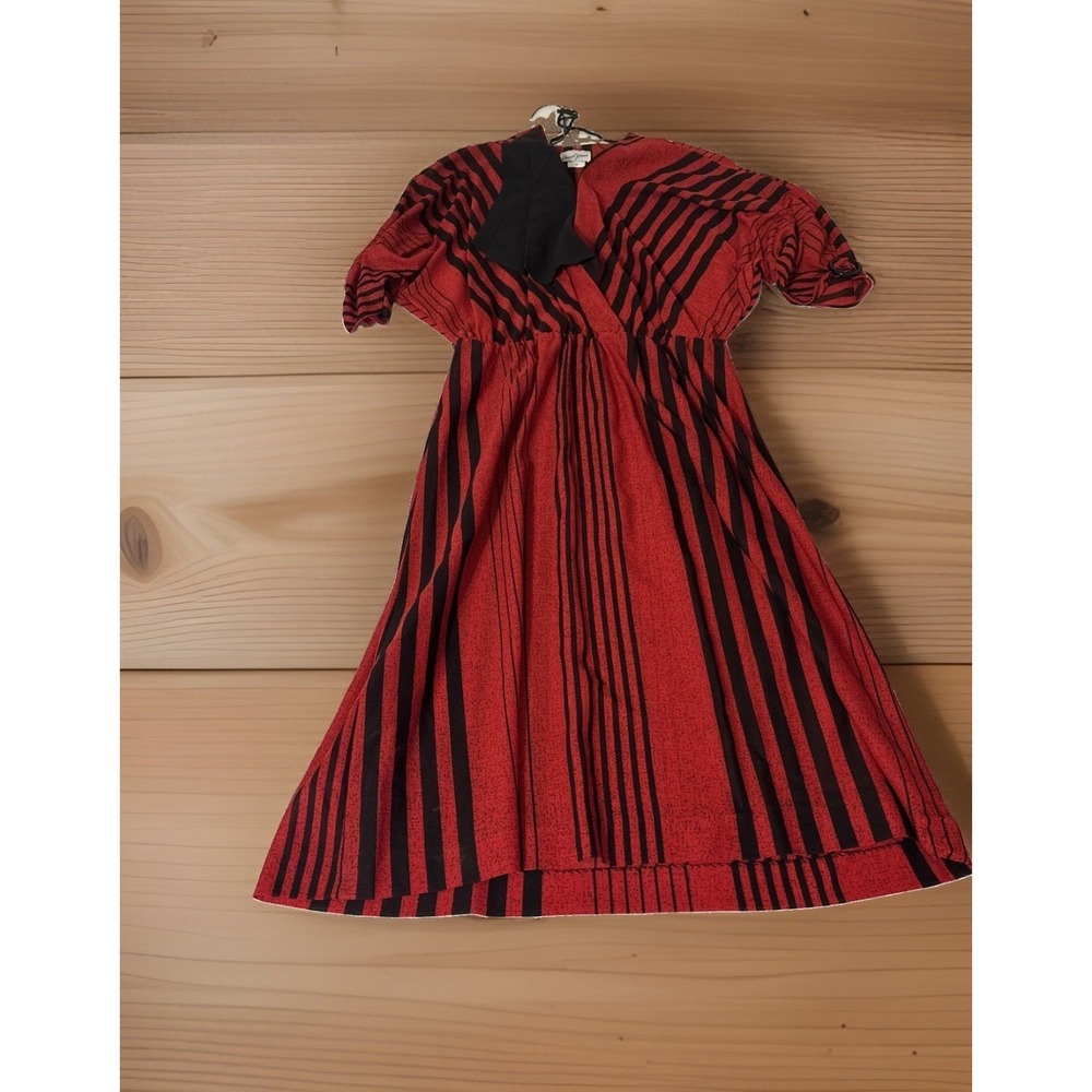 VTG 80s Good Times Red Black Striped Midi Dress Wrap Bow Accent Size 10 USA